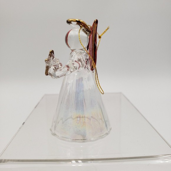 Vintage Glass Angel Ornament Clear Iridescent Body Red & Gold Wings 2.5" - Picture 7 of 12